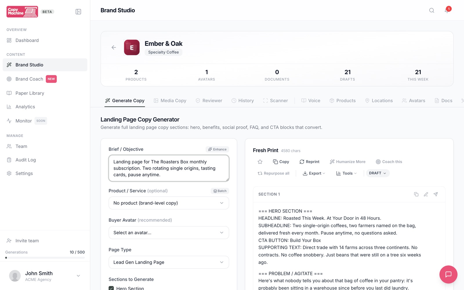 Copy Machine Landing Pages generator producing on-brand copy from a one-sentence brief